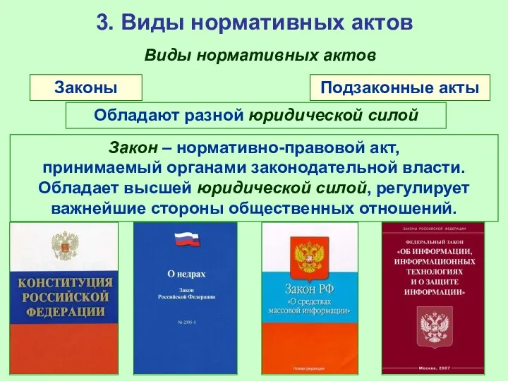 3. Виды нормативных актов Виды нормативных актов Законы Обладают разной