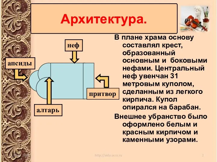 В плане храма основу составлял крест, образованный основным и боковыми нефами. Центральный неф