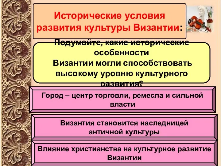 Исторические условия развития культуры Византии: Подумайте, какие исторические особенности Византии могли способствовать высокому