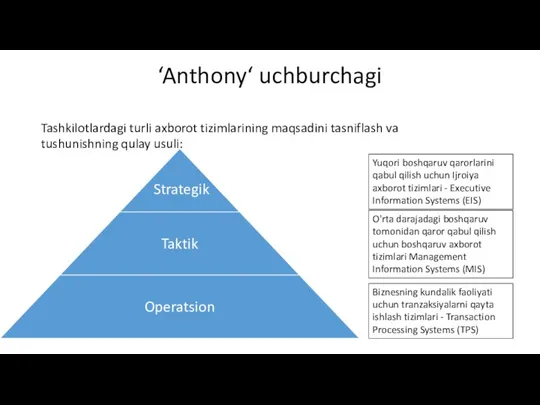 ‘Anthony‘ uchburchagi Biznesning kundalik faoliyati uchun tranzaksiyalarni qayta ishlash tizimlari - Transaction Processing