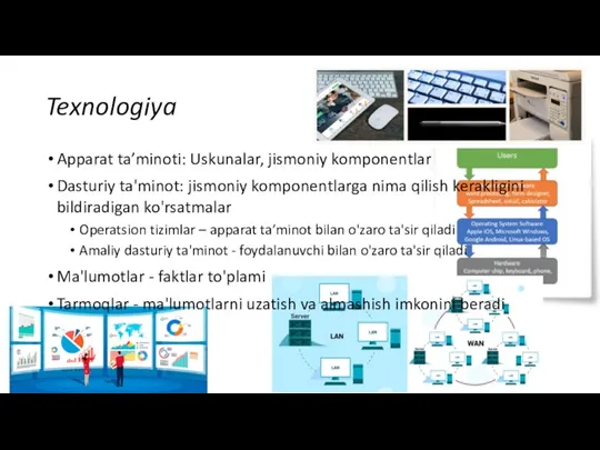 Texnologiya Apparat ta’minoti: Uskunalar, jismoniy komponentlar Dasturiy ta'minot: jismoniy komponentlarga