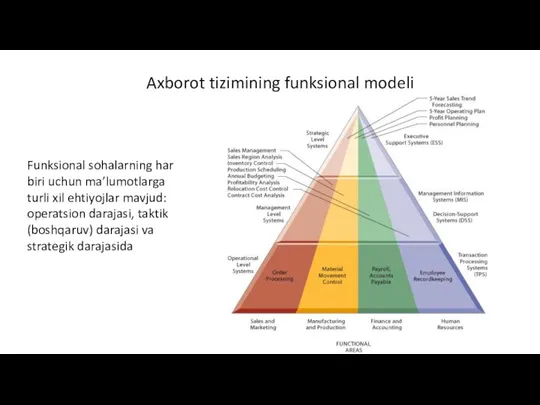 Axborot tizimining funksional modeli Funksional sohalarning har biri uchun ma’lumotlarga turli xil ehtiyojlar