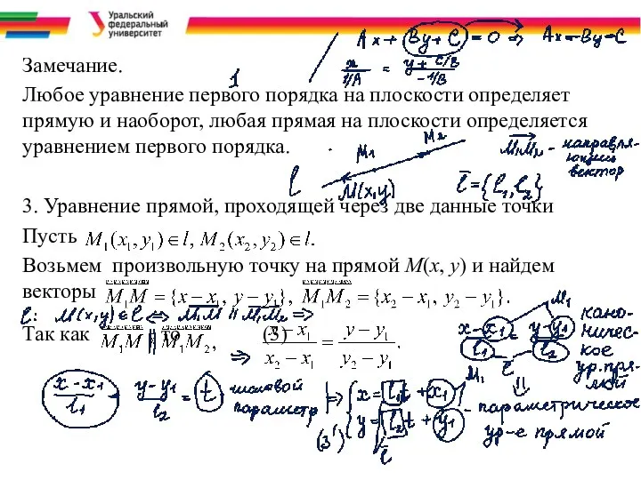 Замечание. Любое уравнение первого порядка на плоскости определяет прямую и