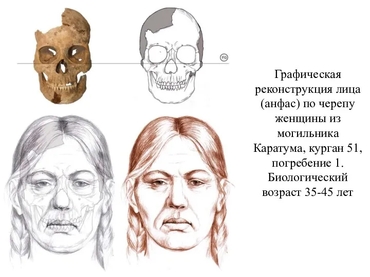 Графическая реконструкция лица (анфас) по черепу женщины из могильника Каратума, курган 51, погребение