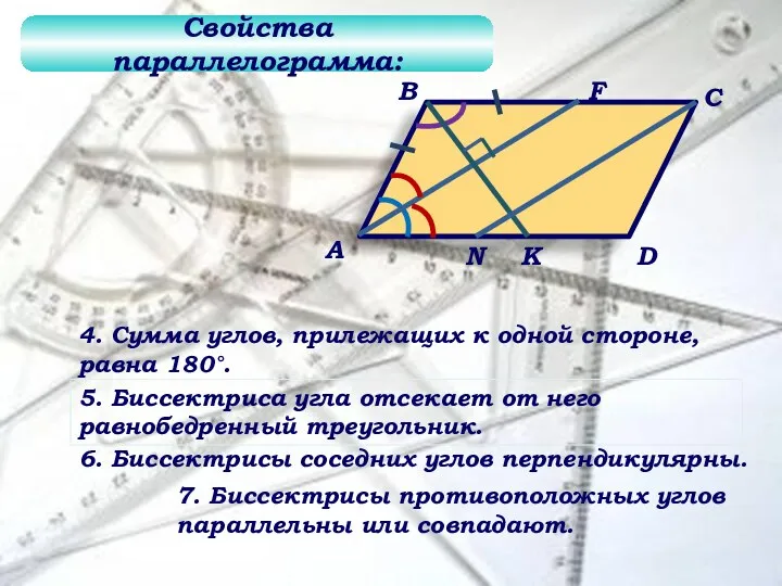 4. Сумма углов, прилежащих к одной стороне, равна 180°. А