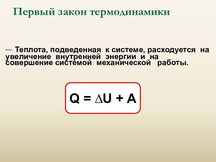 Первый закон термодинамики Q = ∆U + A – Теплота,