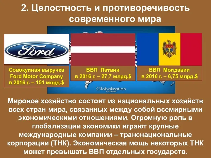 2. Целостность и противоречивость современного мира Мировое хозяйство состоит из