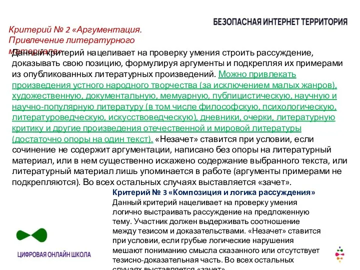 Критерий № 2 «Аргументация. Привлечение литературного материала» Данный критерий нацеливает