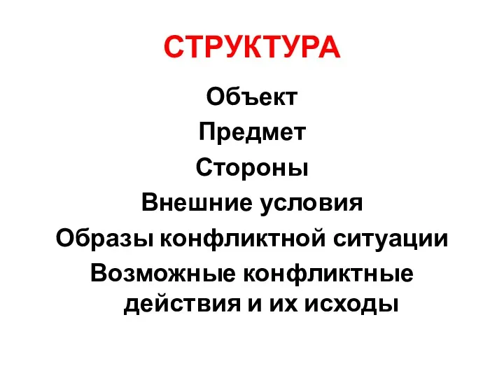 СТРУКТУРА Объект Предмет Стороны Внешние условия Образы конфликтной ситуации Возможные конфликтные действия и их исходы