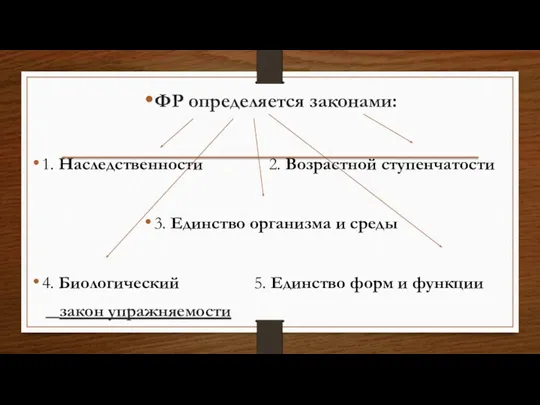 ФР определяется законами: 1. Наследственности 2. Возрастной ступенчатости 3. Единство