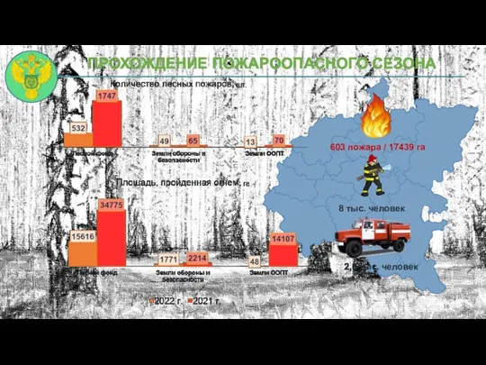 ПРОХОЖДЕНИЕ ПОЖАРООПАСНОГО СЕЗОНА 603 пожара / 17439 га 8 тыс. человек 2,6 тыс. человек