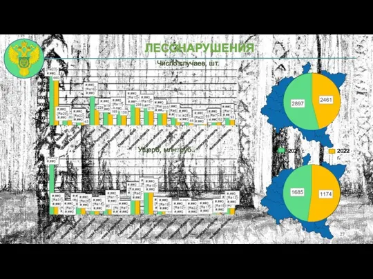 ЛЕСОНАРУШЕНИЯ 2021 г. 2022 г. Число случаев, шт. Ущерб, млн. руб.