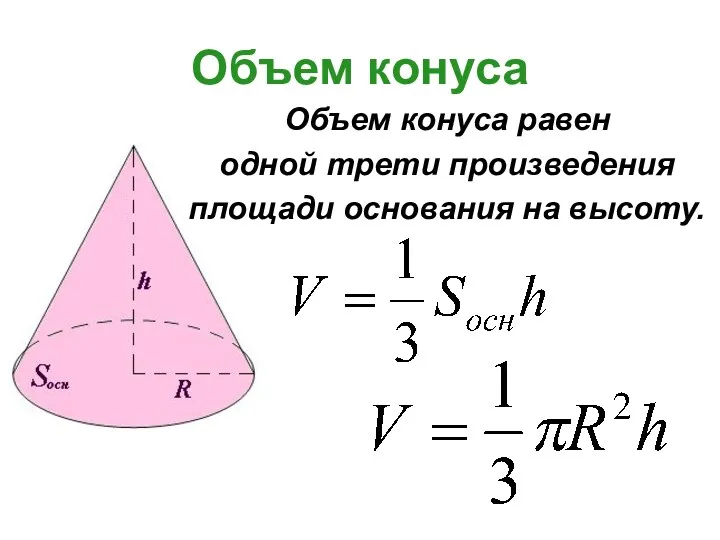 Объем конуса Объем конуса равен одной трети произведения площади основания на высоту.