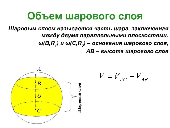 Объем шарового слоя Шаровым слоем называется часть шара, заключенная между двумя параллельными плоскостями.