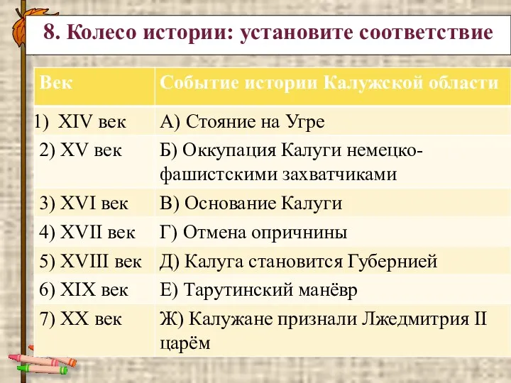 8. Колесо истории: установите соответствие