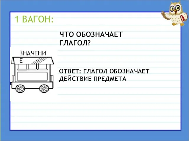 1 ВАГОН: ЗНАЧЕНИЕ ЧТО ОБОЗНАЧАЕТ ГЛАГОЛ? ОТВЕТ: ГЛАГОЛ ОБОЗНАЧАЕТ ДЕЙСТВИЕ ПРЕДМЕТА