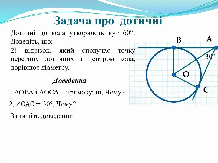 Задача про дотичні Дотичні до кола утворюють кут 60°. Доведіть, що: 2) відрізок,