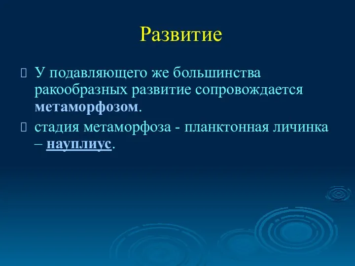 Развитие У подавляющего же большинства ракообразных развитие сопровождается метаморфозом. стадия метаморфоза - планктонная личинка – науплиус.