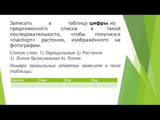 Записать в таблицу цифры из предложенного списка в такой последовательности,