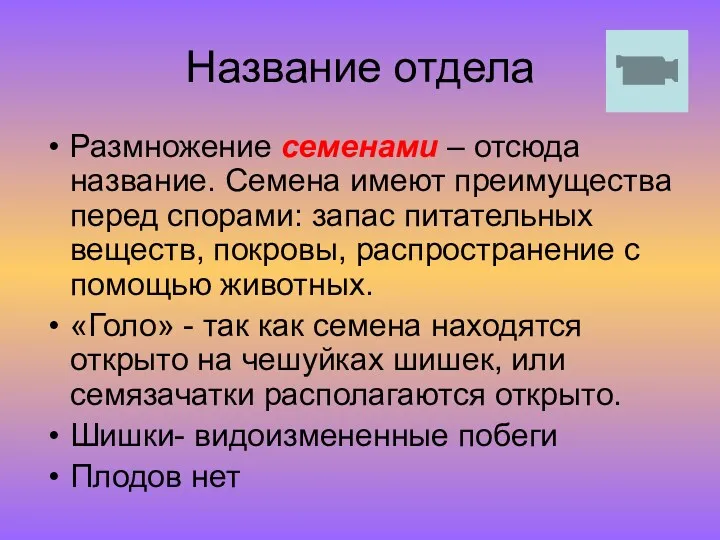 Название отдела Размножение семенами – отсюда название. Семена имеют преимущества