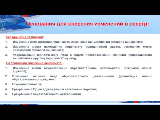 Основания для внесения изменений в реестр: Без принятия заявления: Изменение