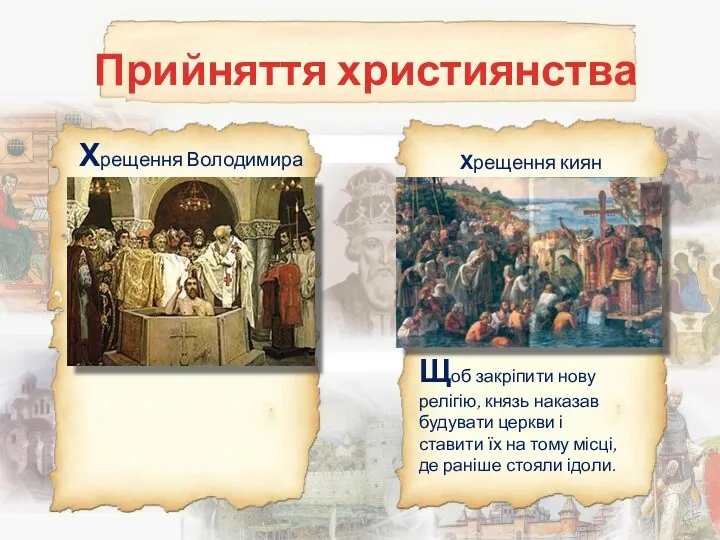 Прийняття християнства Хрещення Володимира Хрещення киян Щоб закріпити нову релігію, князь наказав будувати