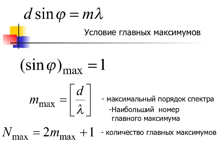 Условие главных максимумов - максимальный порядок спектра - количество главных максимумов Наибольший номер главного максимума
