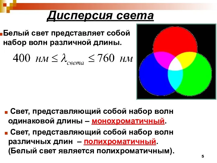 Дисперсия света Белый свет представляет собой набор волн различной длины.