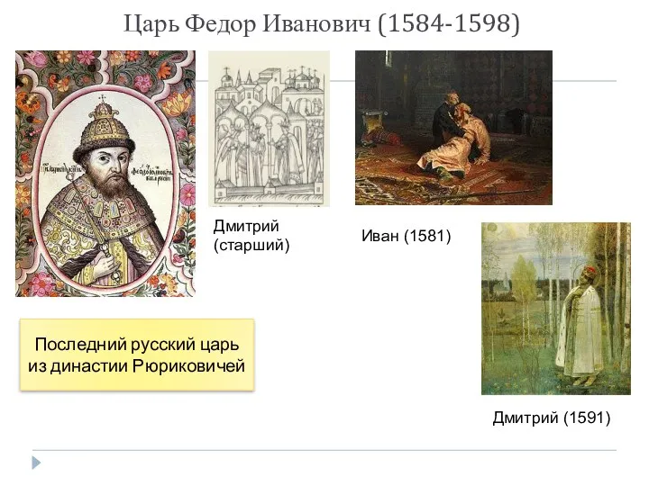 Царь Федор Иванович (1584-1598) Последний русский царь из династии Рюриковичей Дмитрий (старший) Иван (1581) Дмитрий (1591)