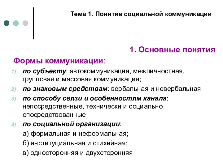 1. Основные понятия Формы коммуникации: по субъекту: автокоммуникация, межличностная, групповая