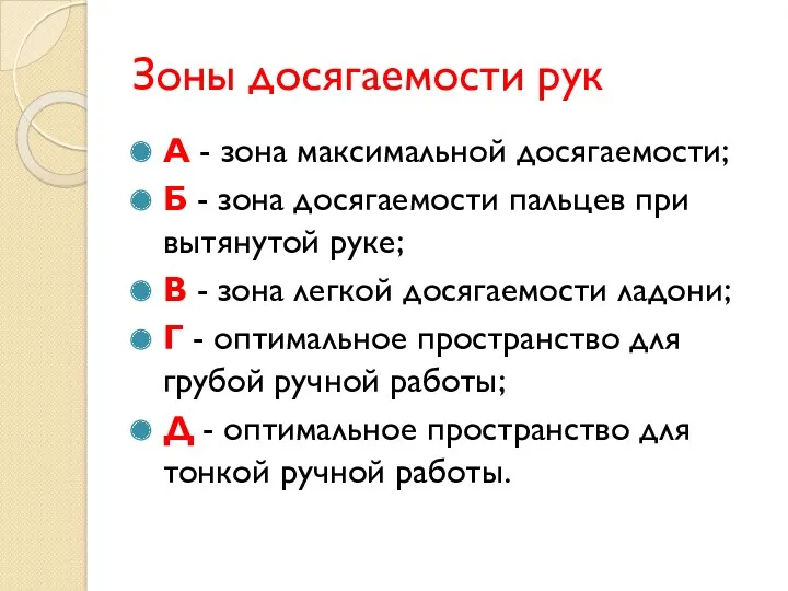 Зоны досягаемости рук А - зона максимальной досягаемости; Б -