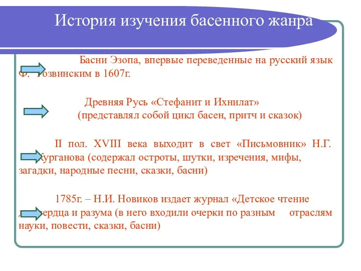 История изучения басенного жанра Басни Эзопа, впервые переведенные на русский язык Ф. Гозвинским