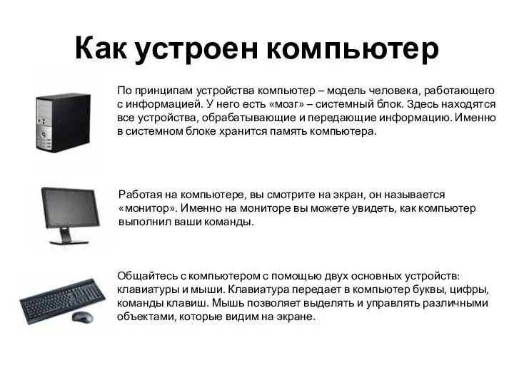 Как устроен компьютер По принципам устройства компьютер – модель человека,