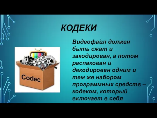 КОДЕКИ Видеофайл должен быть сжат и закодирован, а потом распакован