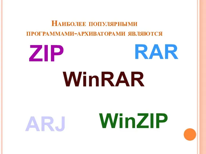 Наиболее популярными программами-архиваторами являются ZIP RAR WinRAR ARJ WinZIP
