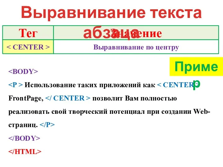 Тег Значение Выравнивание по центру Выравнивание текста абзаца Использование таких