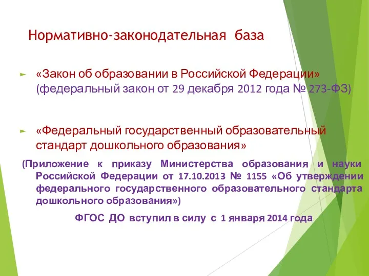 Нормативно-законодательная база «Закон об образовании в Российской Федерации» (федеральный закон