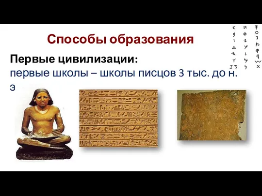 Способы образования Первые цивилизации: первые школы – школы писцов 3 тыс. до н.э.