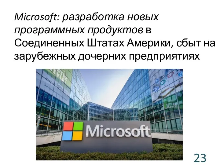 Microsoft: разработка новых программных продуктов в Соединенных Штатах Америки, сбыт на зарубежных дочерних предприятиях