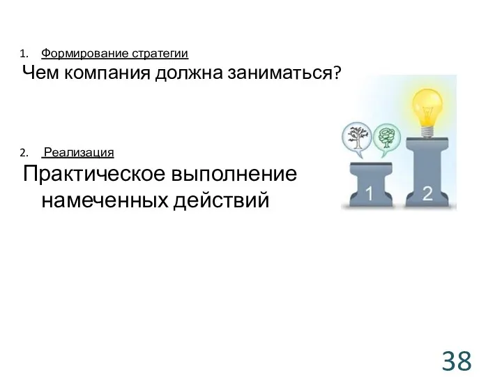 Формирование стратегии Чем компания должна заниматься? Реализация Практическое выполнение намеченных действий