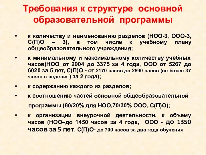 Требования к структуре основной образовательной программы к количеству и наименованию