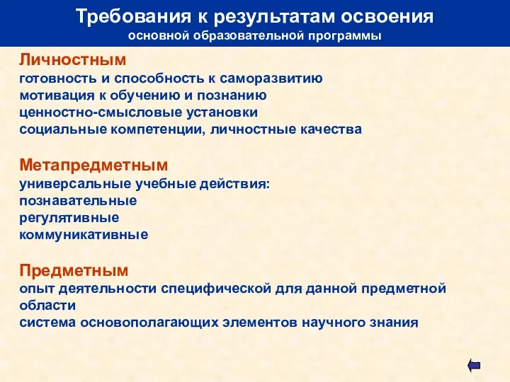 Требования к результатам освоения основной образовательной программы Личностным готовность и