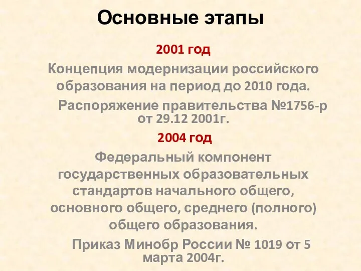 Основные этапы 2001 год Концепция модернизации российского образования на период