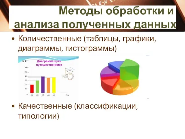 Методы обработки и анализа полученных данных Количественные (таблицы, графики, диаграммы, гистограммы) Качественные (классификации, типологии)