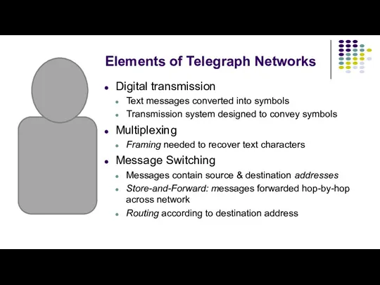 Elements of Telegraph Networks Digital transmission Text messages converted into