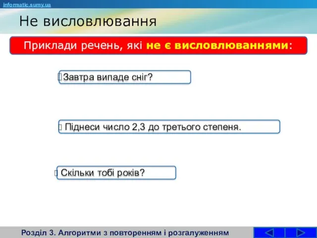 Не висловлювання Розділ 3. Алгоритми з повторенням і розгалуженням Приклади