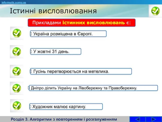 Істинні висловлювання Розділ 3. Алгоритми з повторенням і розгалуженням Прикладами