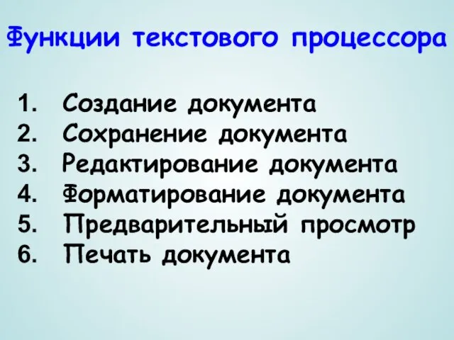 Функции текстового процессора Создание документа Сохранение документа Редактирование документа Форматирование документа Предварительный просмотр Печать документа