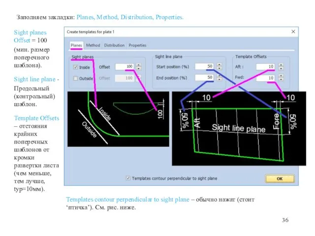 Заполняем закладки: Planes, Method, Distribution, Properties. Sight planes Offset =