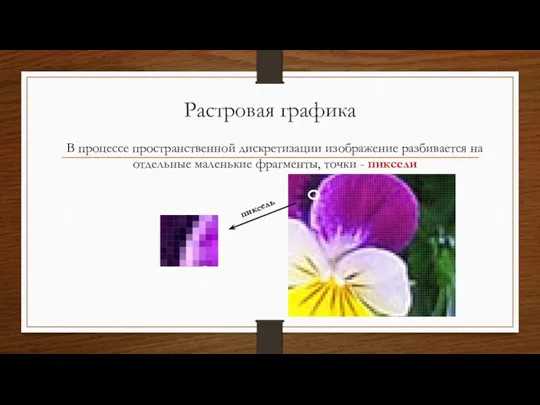 Растровая графика В процессе пространственной дискретизации изображение разбивается на отдельные маленькие фрагменты, точки - пиксели пиксель